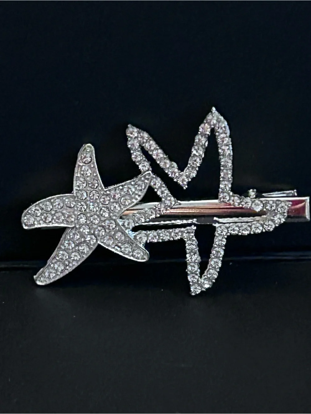 Mint Rhinestone Starfish Hair Clip Set of Two - Silver-tone w/Crystals and Pearl